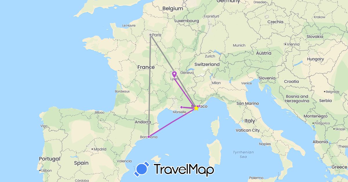 TravelMap itinerary: driving, plane, train in Spain, France, Monaco (Europe)